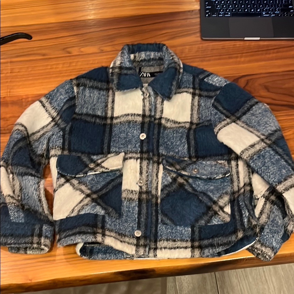 Zara Blue and White Plaid Jacket - cropped style (SMALL)